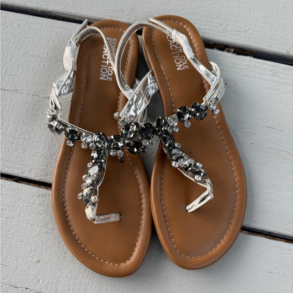 Kenneth Cole Reaction Women’s Drag Fire Sandals – Silver Crystal Thong Style S/8 - Picture 4 of 12